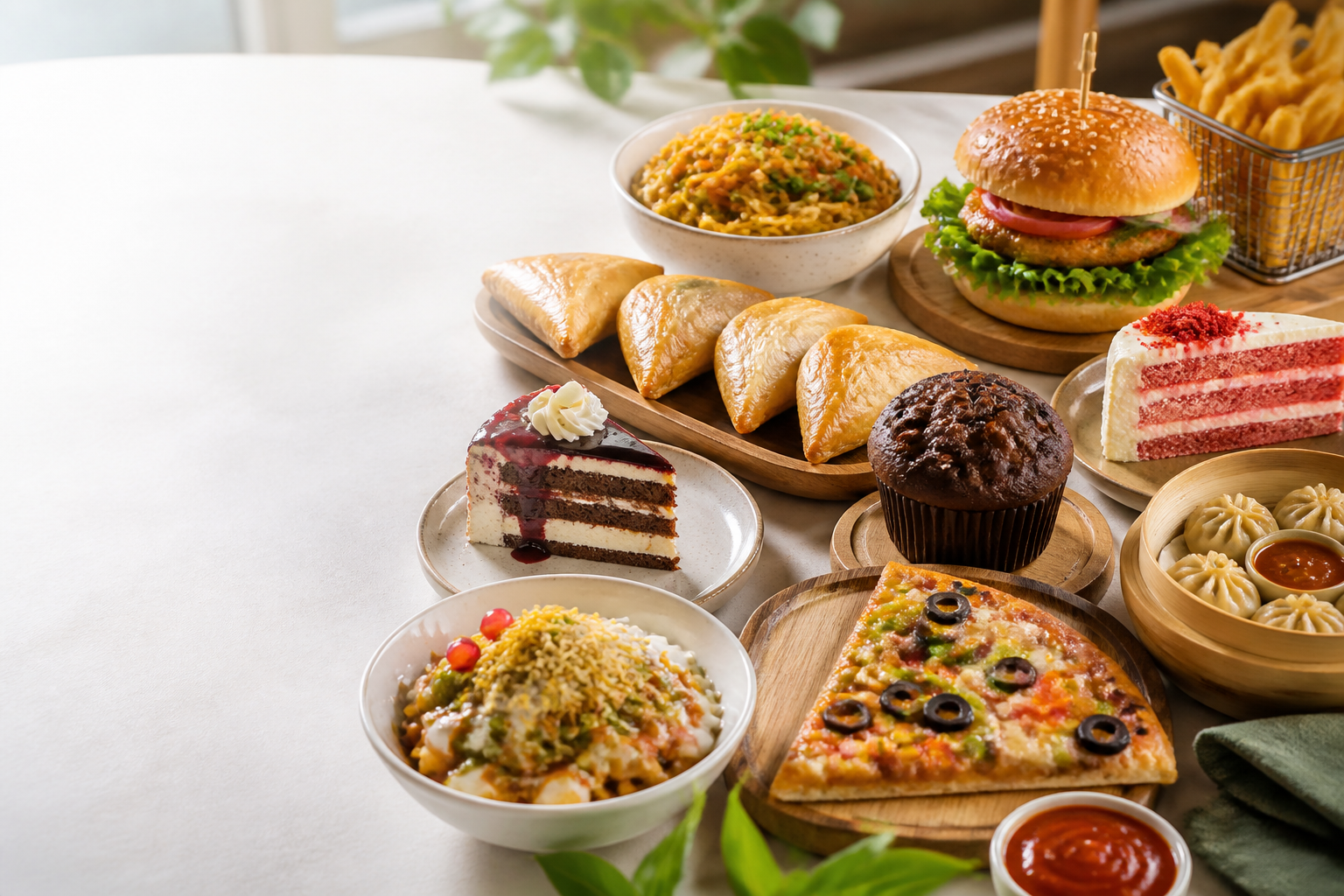 Assorted bakery, pizza, snacks and chaat on a restaurant table